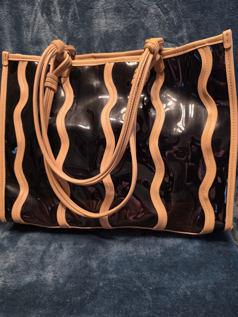 Anthropologie Black Vinyl Tote with Tan Trim
